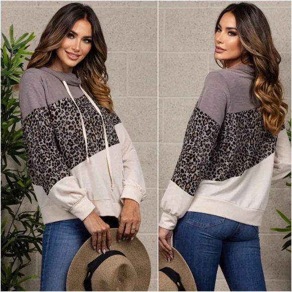 Cozy Leopard Print Colorblock Cowl Neck Pullover Sweater - Picture 2 of 4